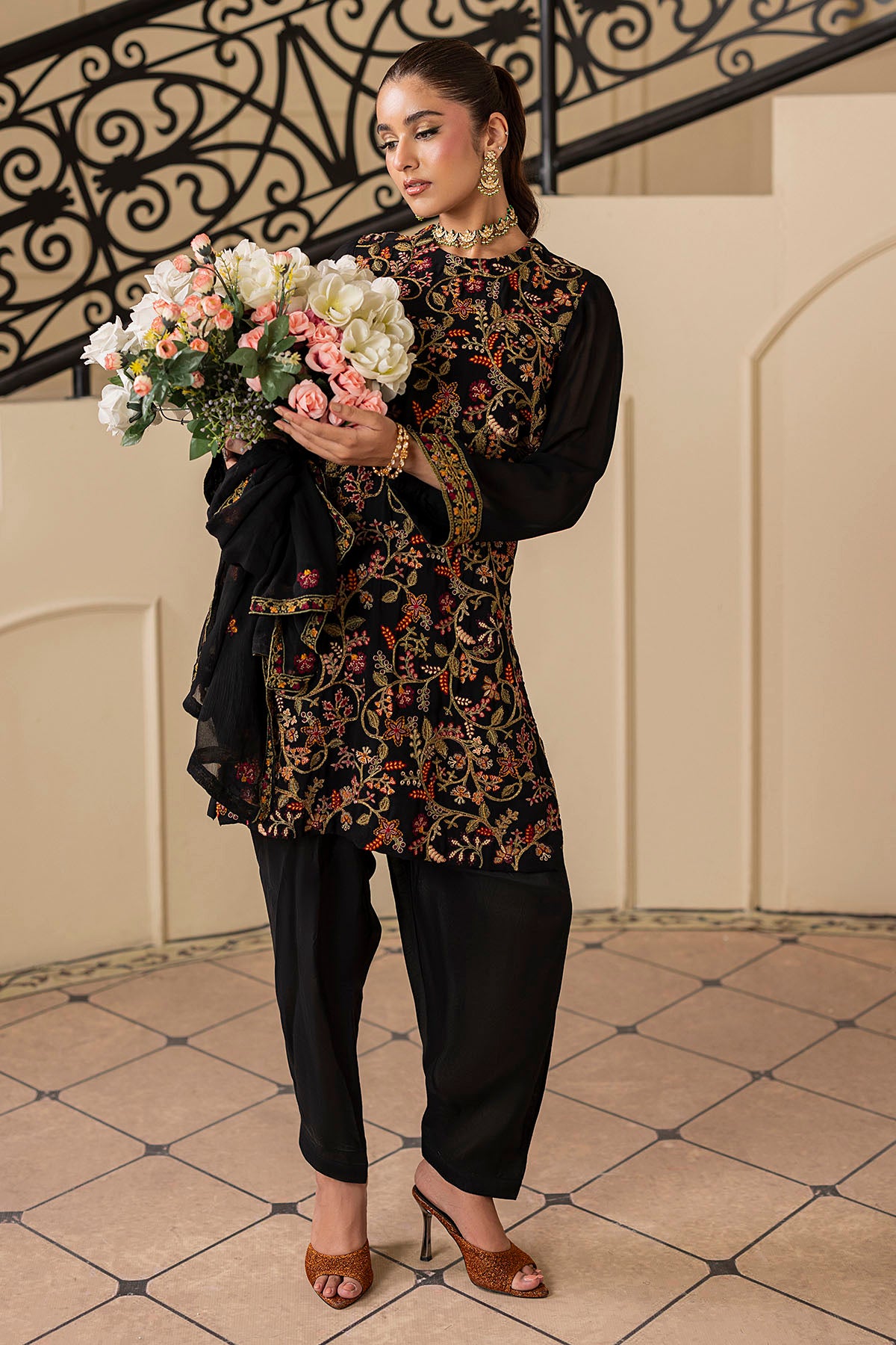 Black Embroidered Georgette Chiffon 3-Piece Suit - Image 3