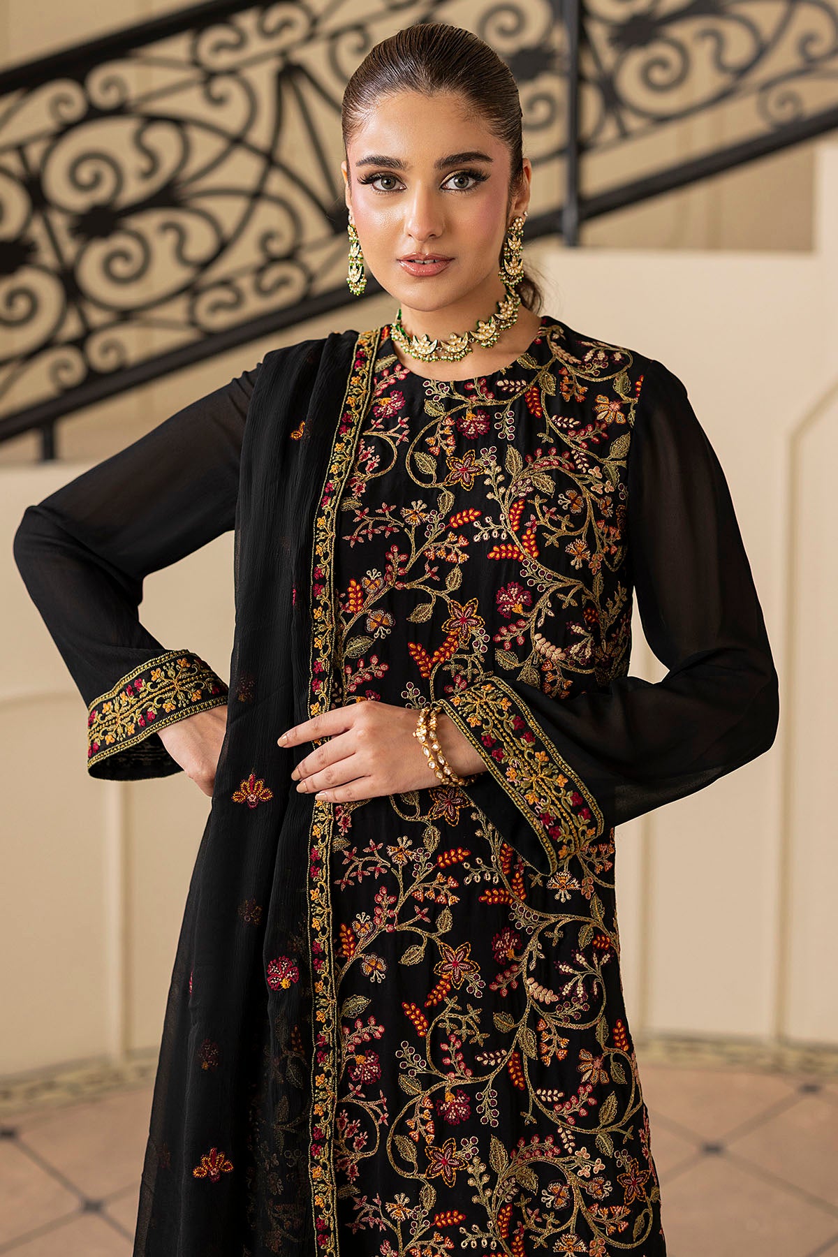 Black Embroidered Georgette Chiffon 3-Piece Suit - Image 4