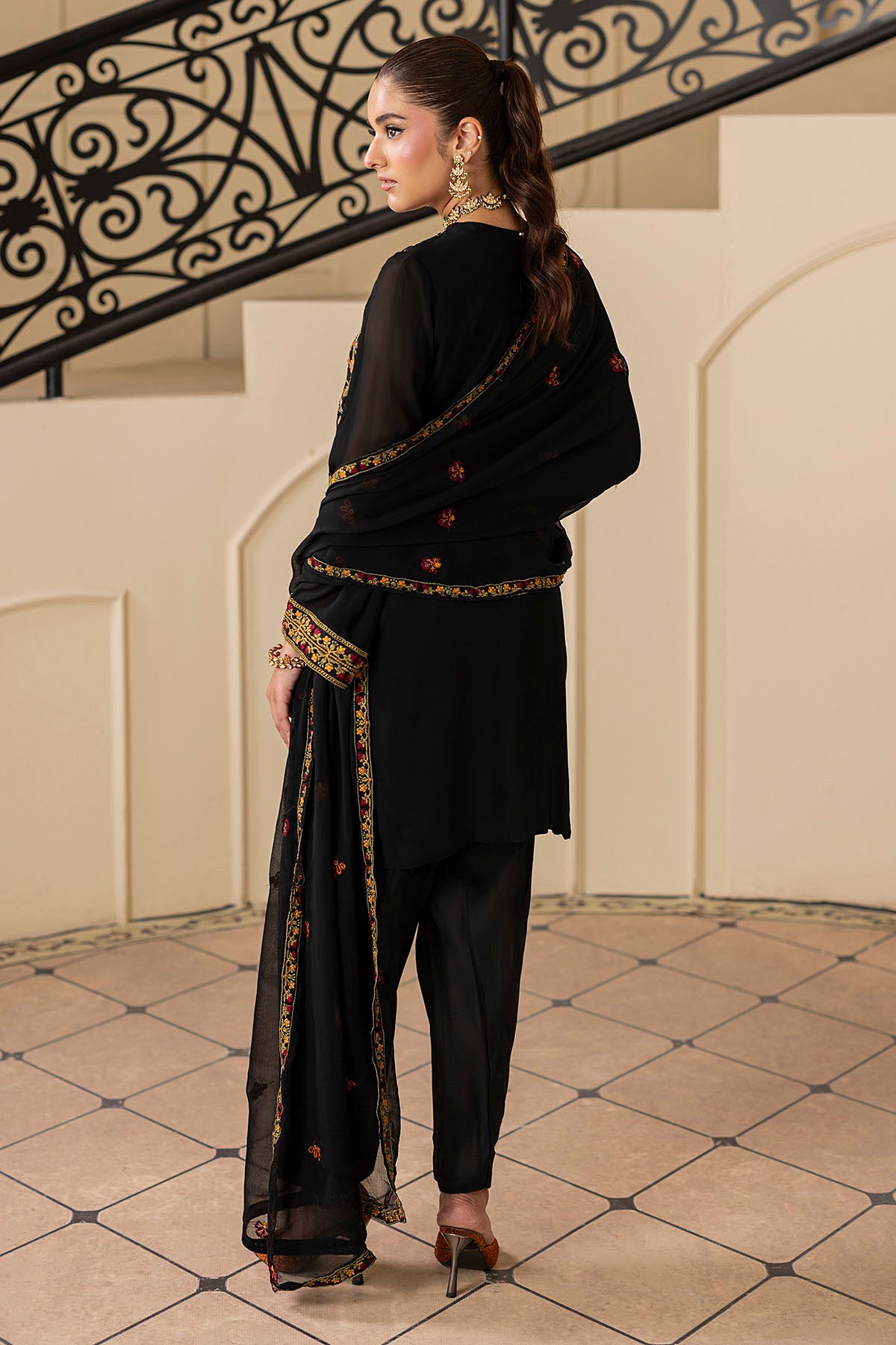 Black Embroidered Georgette Chiffon 3-Piece Suit - Image 5