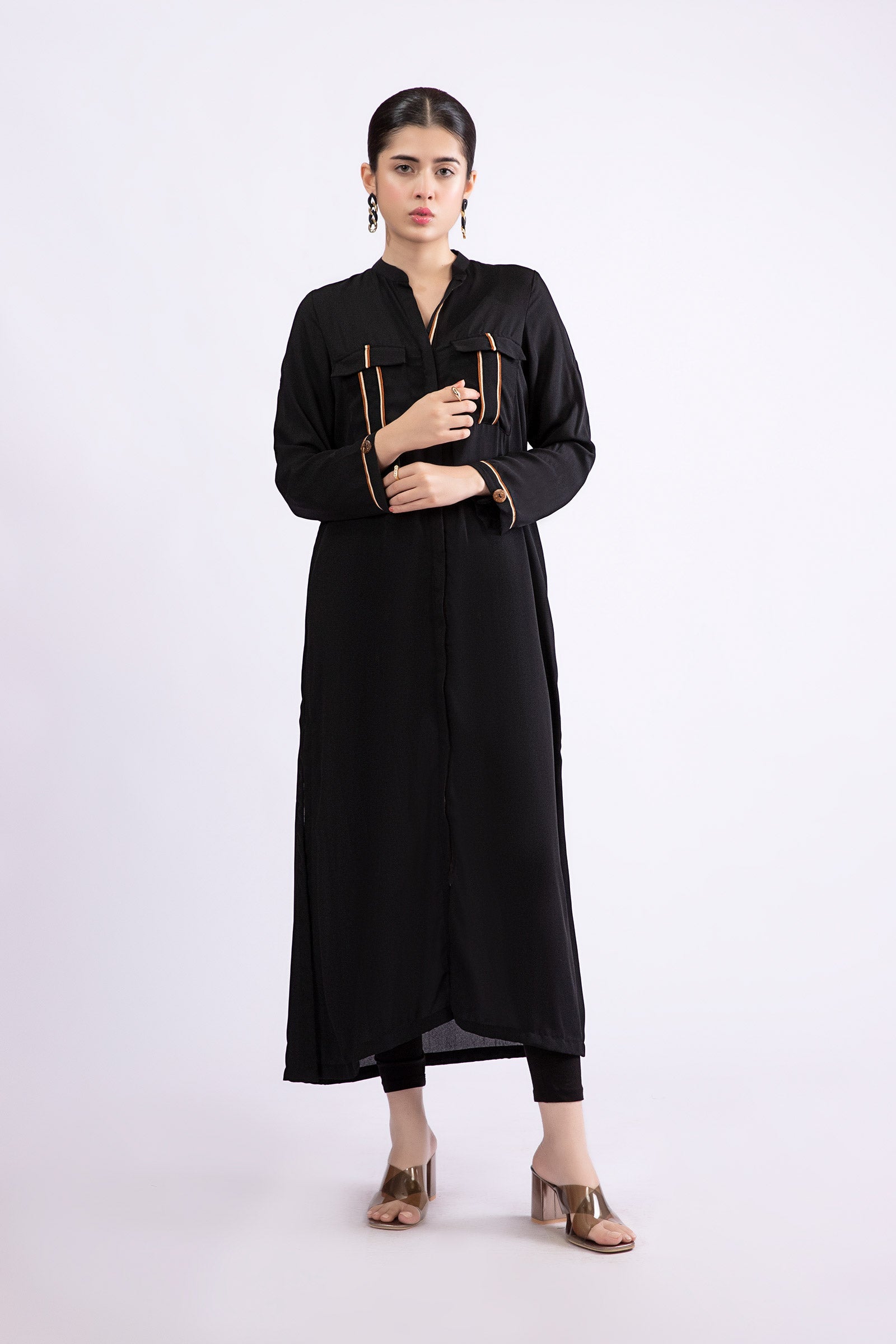 Black Contrast Piping Georgette Long Tunic (2-Piece) - Image 1