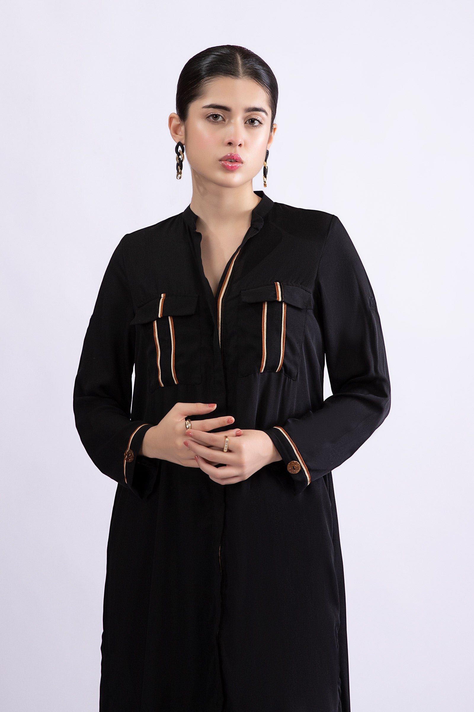 Black Contrast Piping Georgette Long Tunic (2-Piece) - Image 2
