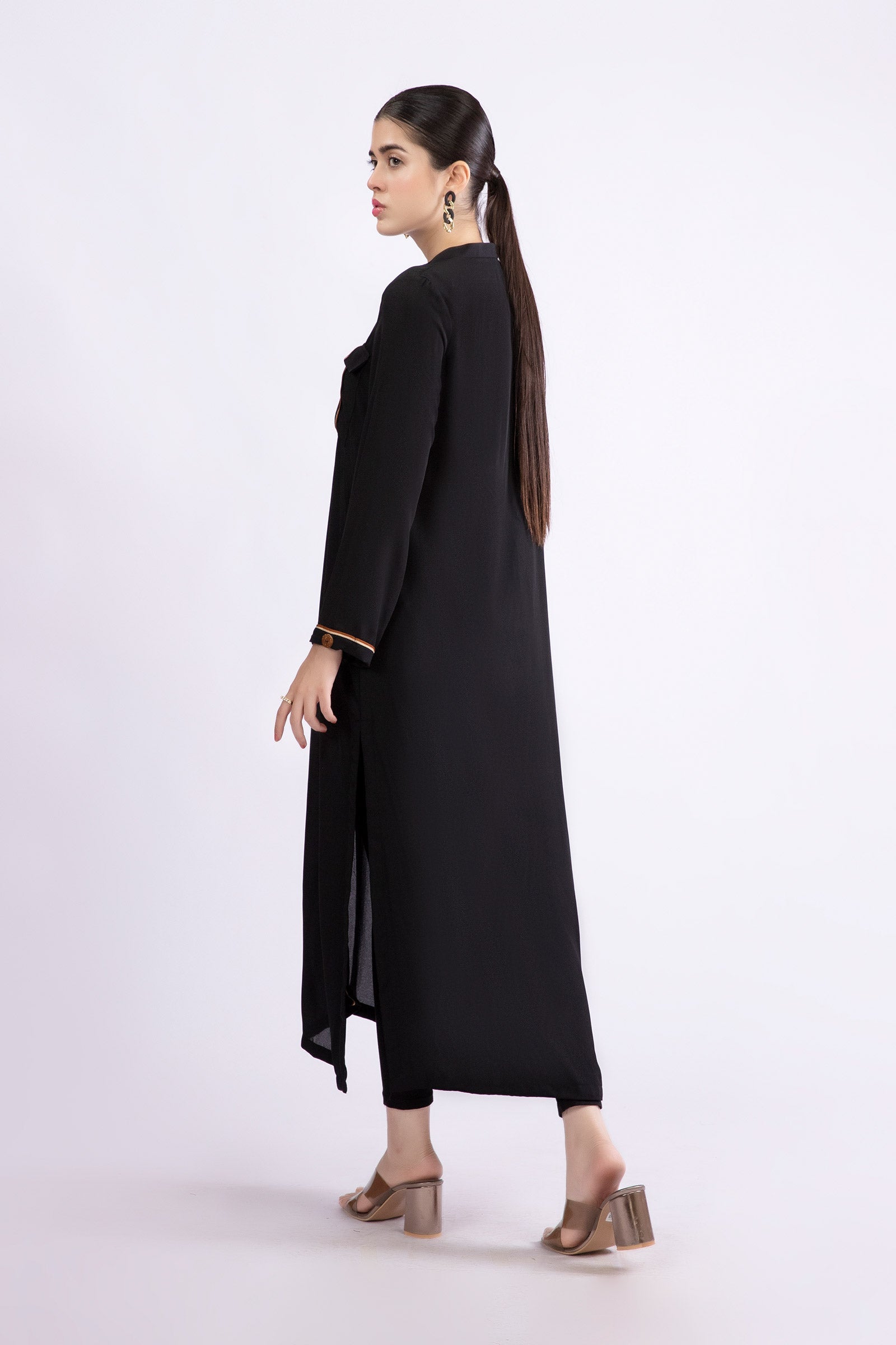 Black Contrast Piping Georgette Long Tunic (2-Piece) - Image 4
