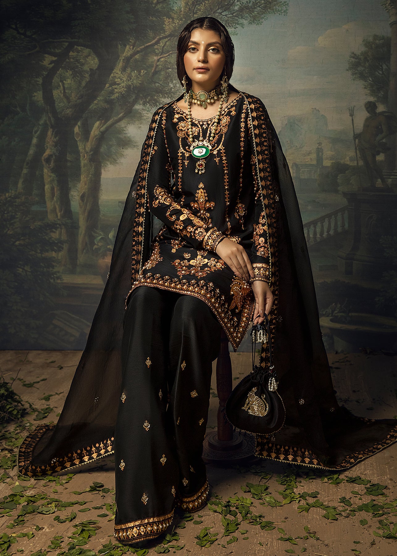 Pakistani Black Hand-Embellished Georgette Salwar Kameez (3-Piece) - Image 4