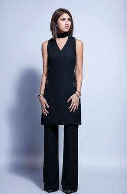 Black Georgette High Neck Tunic (2-Piece) - Image 1