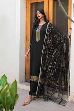 Black Sequin Crepe Salwar Kameez (3-Piece) - Image 1