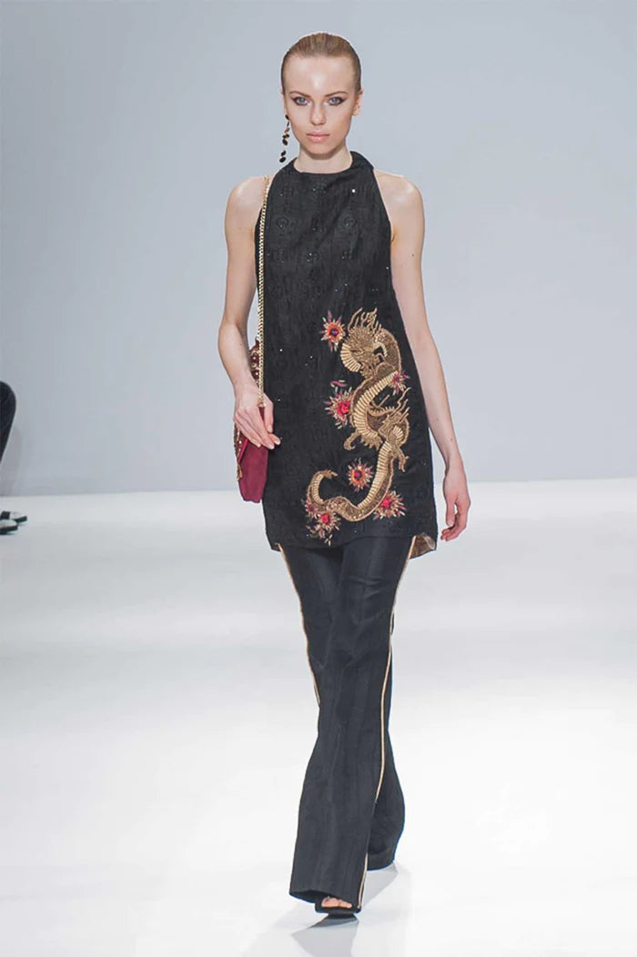 Pakistani Black Gold Embroidered Tunic & Trousers (2-Piece) - Image 1