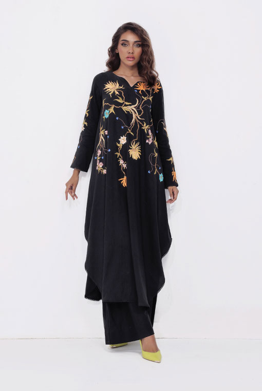Pakistani Black Embroidered Pure Irish Cotton Tunic (2-Piece) - Image 1