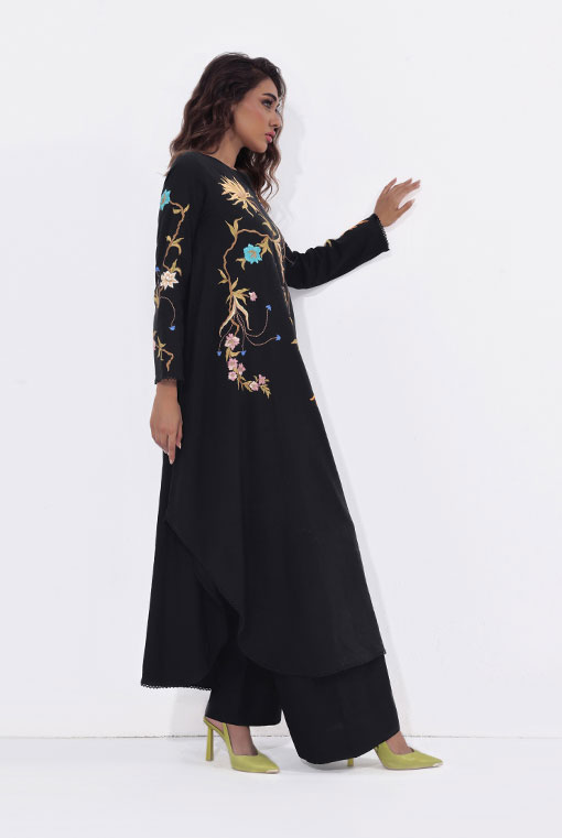 Pakistani Black Embroidered Pure Irish Cotton Tunic (2-Piece) - Image 2
