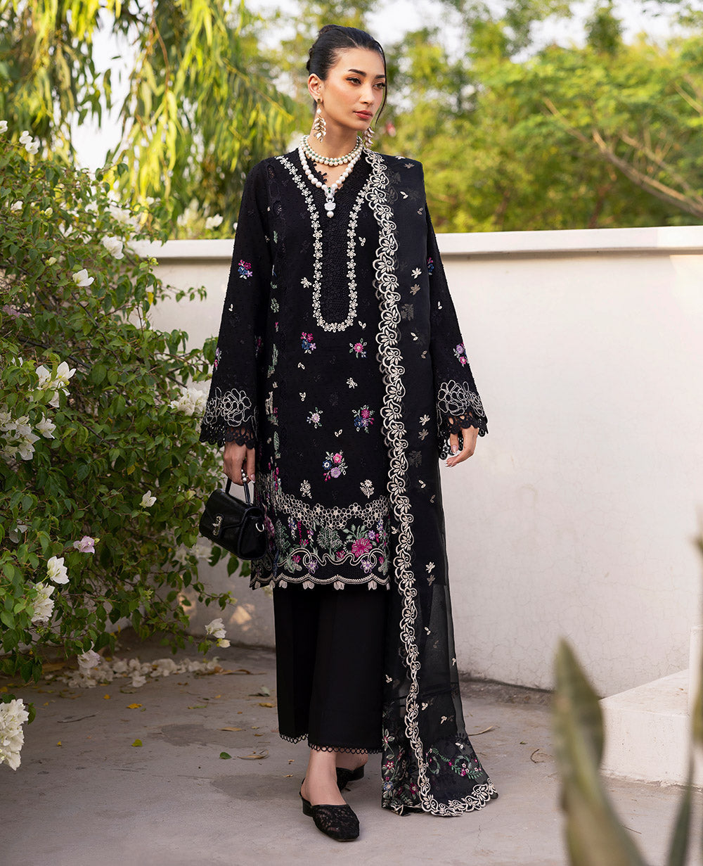 Black Embroidered Jacquard Salwar Kameez (3-Piece) - Image 2