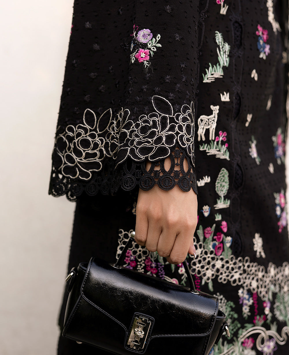 Black Embroidered Jacquard Salwar Kameez (3-Piece) - Image 5