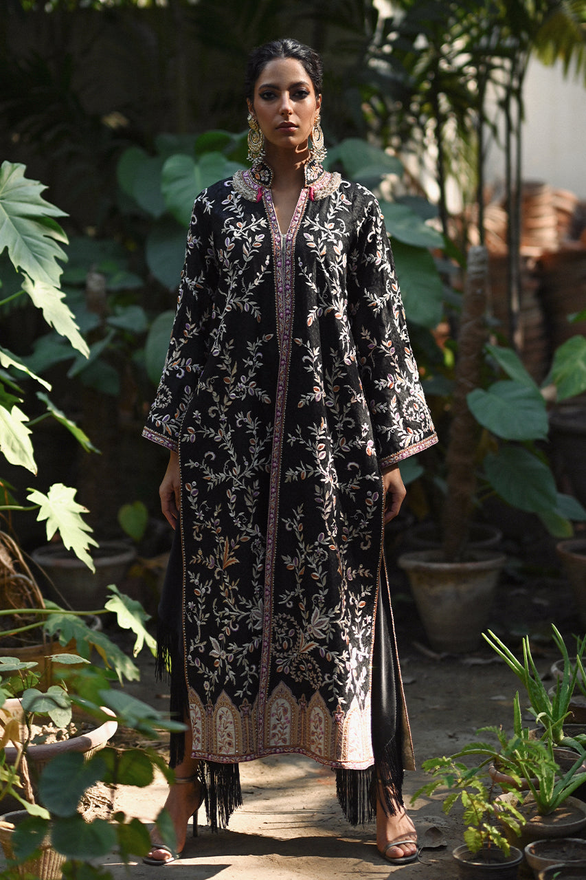 Pakistani Black Hath-Aari Embroidered Self Jamawar Jacket (2-Piece) - Image 1