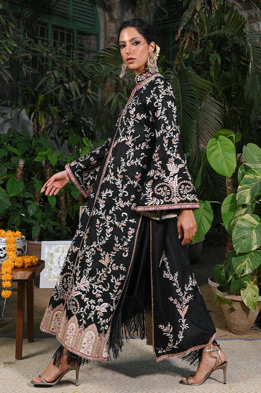 Pakistani Black Hath-Aari Embroidered Self Jamawar Jacket (2-Piece) - Image 3