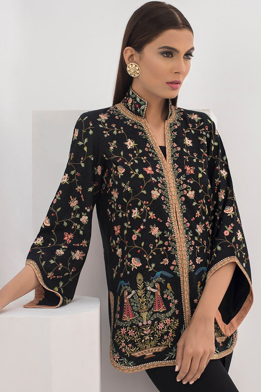 Black Hath-Ari Embroidered Jamawar Jacket (2-Piece) - Image 1