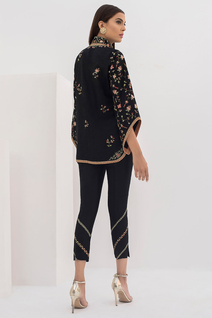 Black Hath-Ari Embroidered Jamawar Jacket (2-Piece) - Image 2