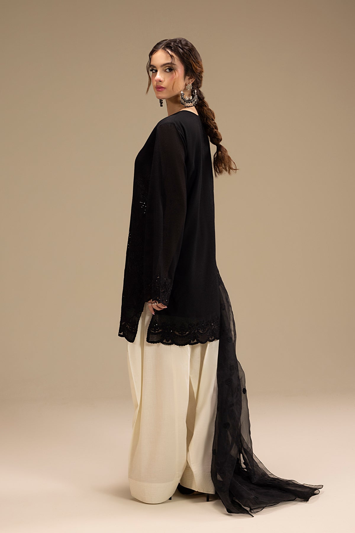 Black Embroidered Karandi Short Shirt (3-Piece) - Image 10