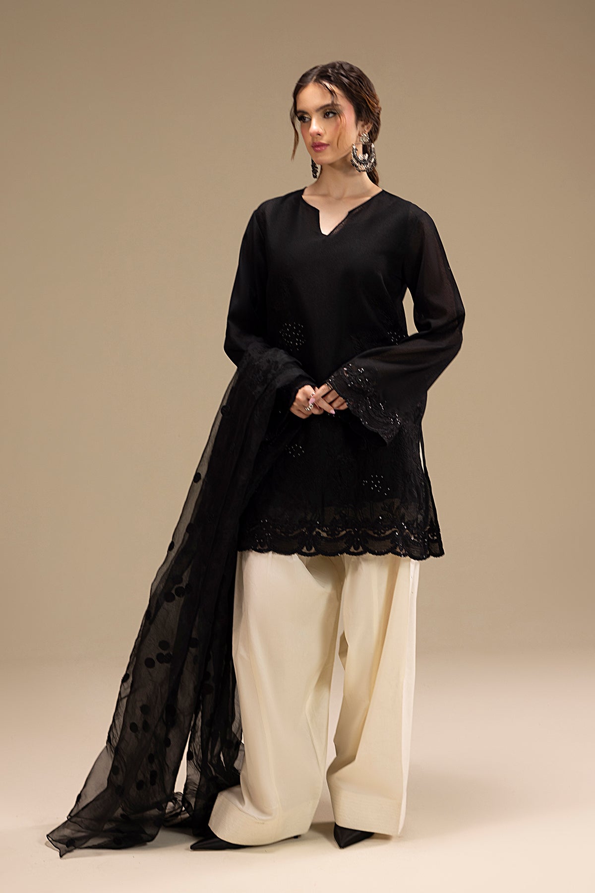 Black Embroidered Karandi Short Shirt (3-Piece) - Image 12