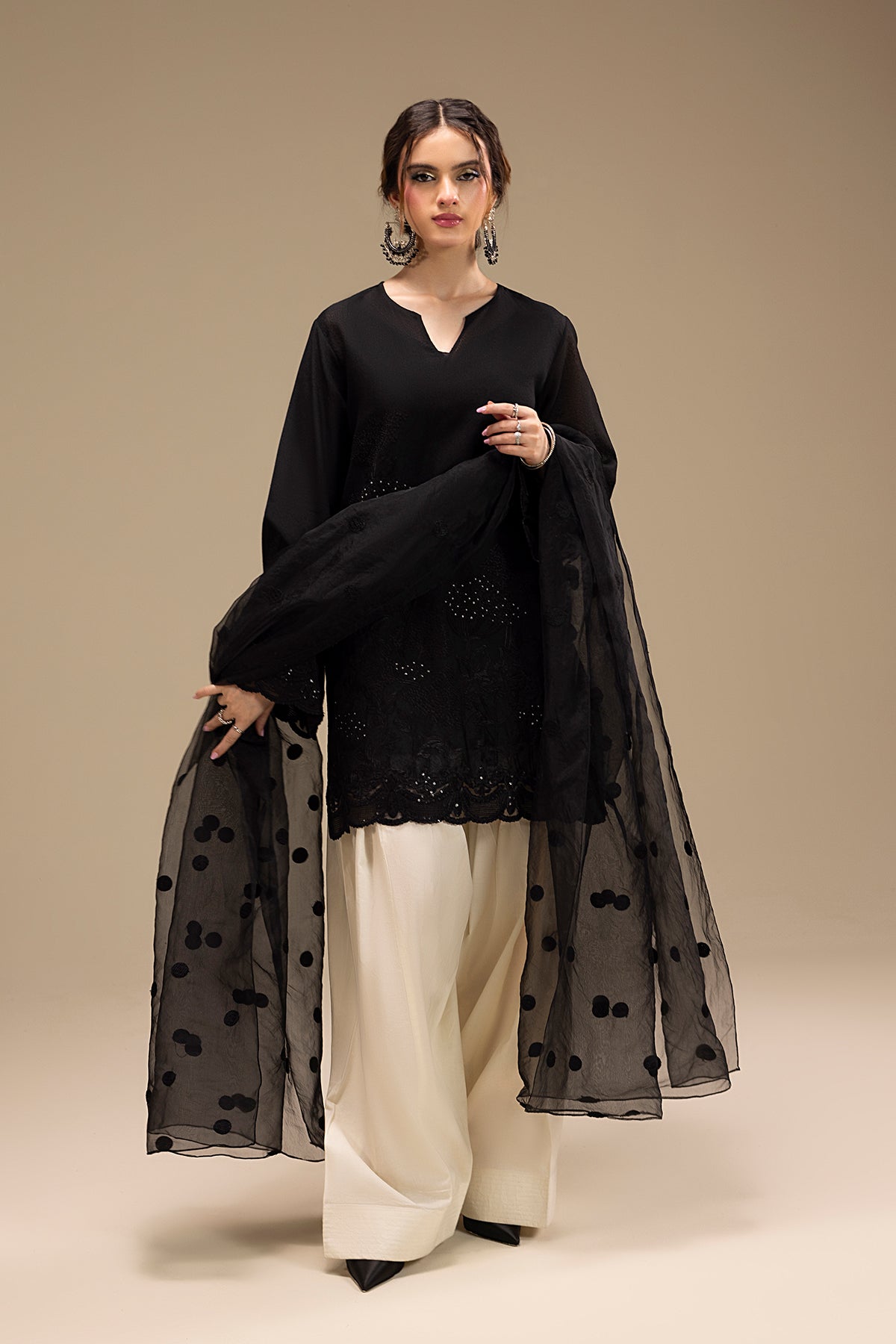 Black Embroidered Karandi Short Shirt (3-Piece) - Image 2