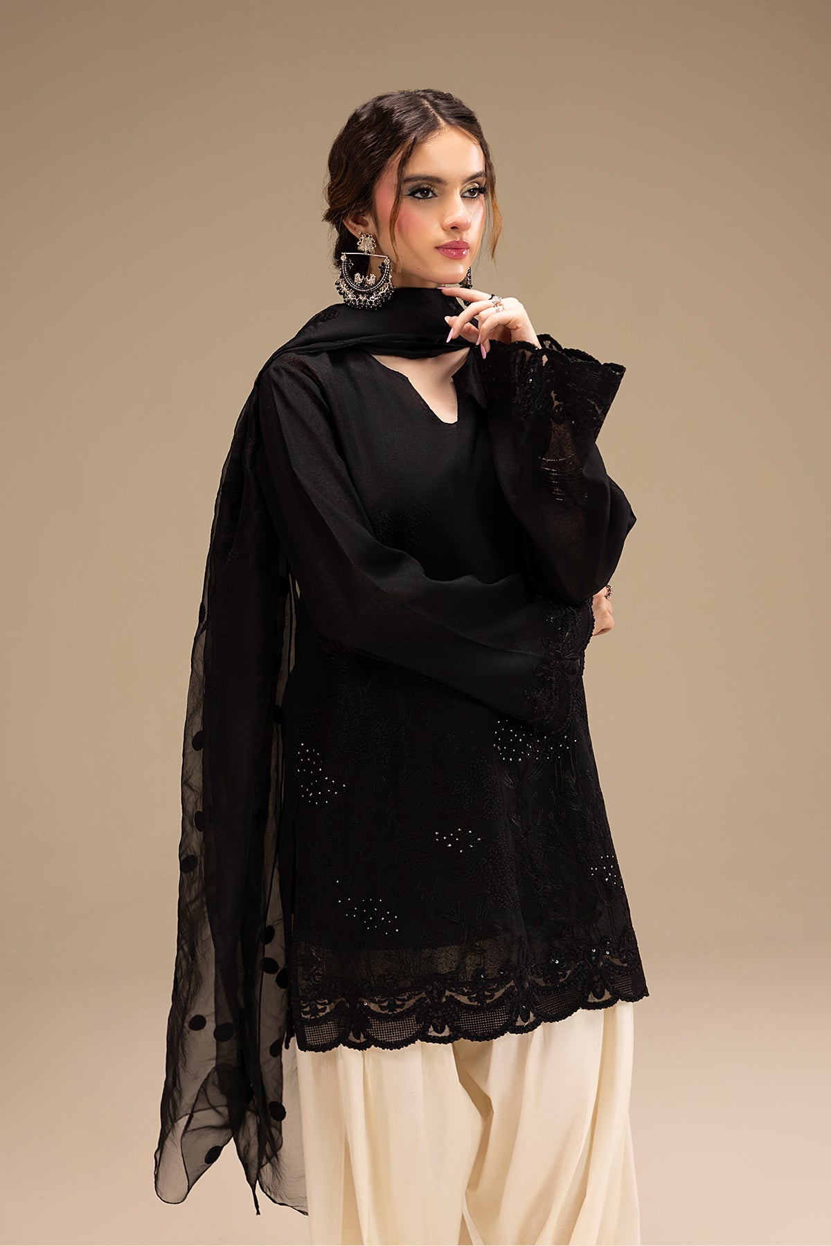 Black Embroidered Karandi Short Shirt (3-Piece) - Image 3