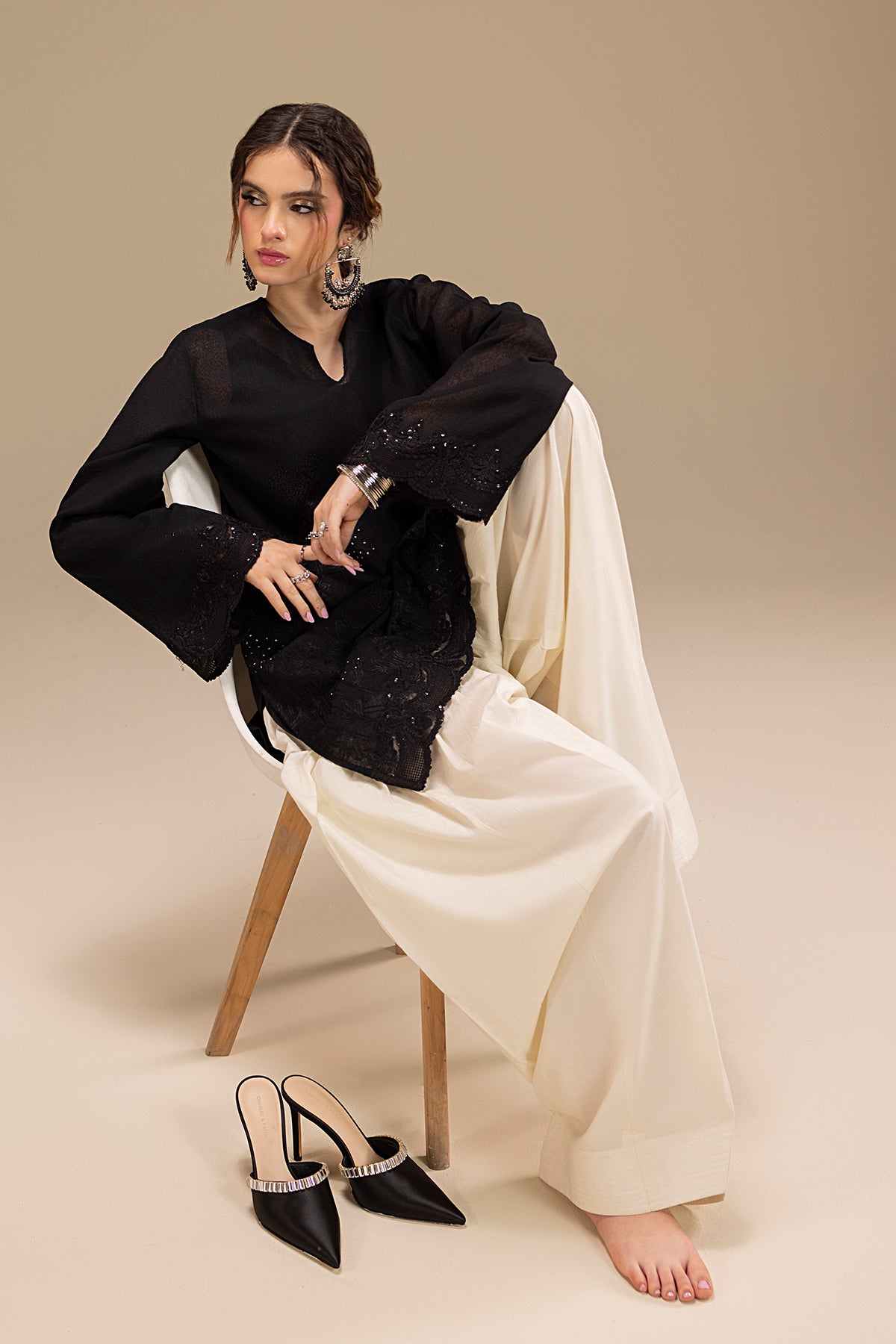 Black Embroidered Karandi Short Shirt (3-Piece) - Image 4