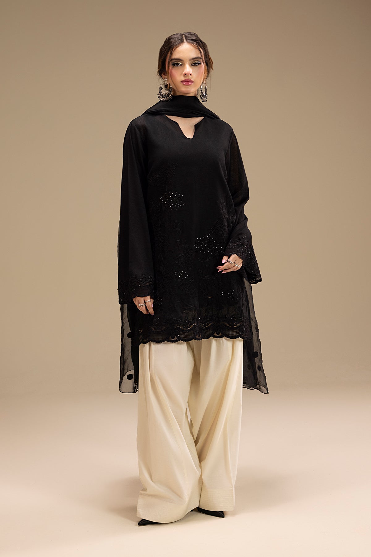 Black Embroidered Karandi Short Shirt (3-Piece) - Image 5