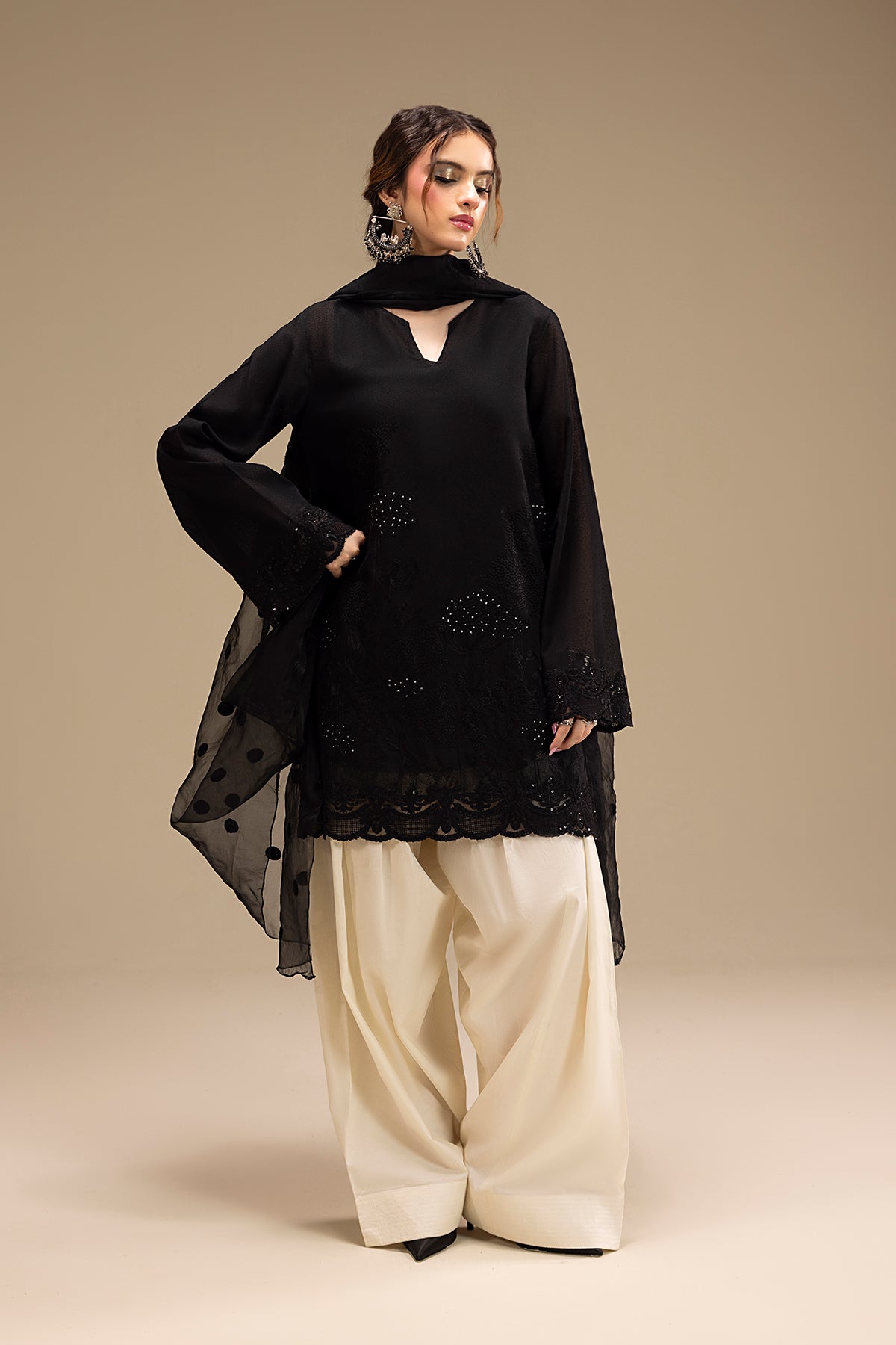 Black Embroidered Karandi Short Shirt (3-Piece) - Image 8