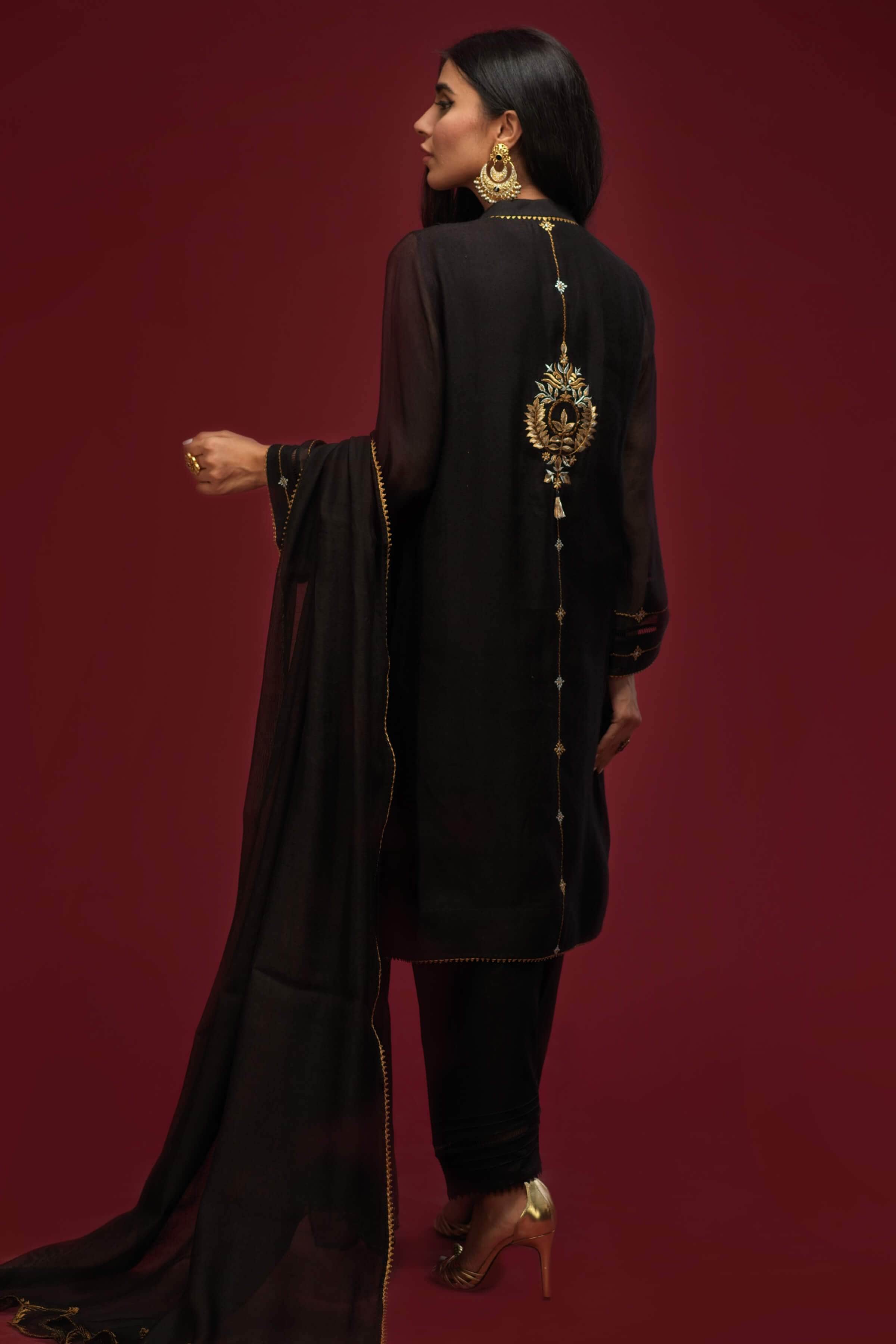 Black Embroidered Khaadi Net Kurta Set (3-Piece) - Image 3