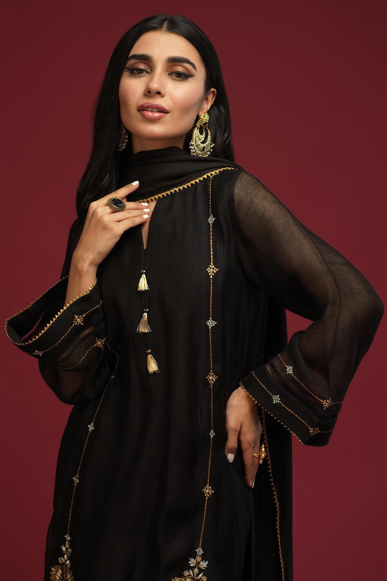 Black Embroidered Khaadi Net Kurta Set (3-Piece) - Image 5