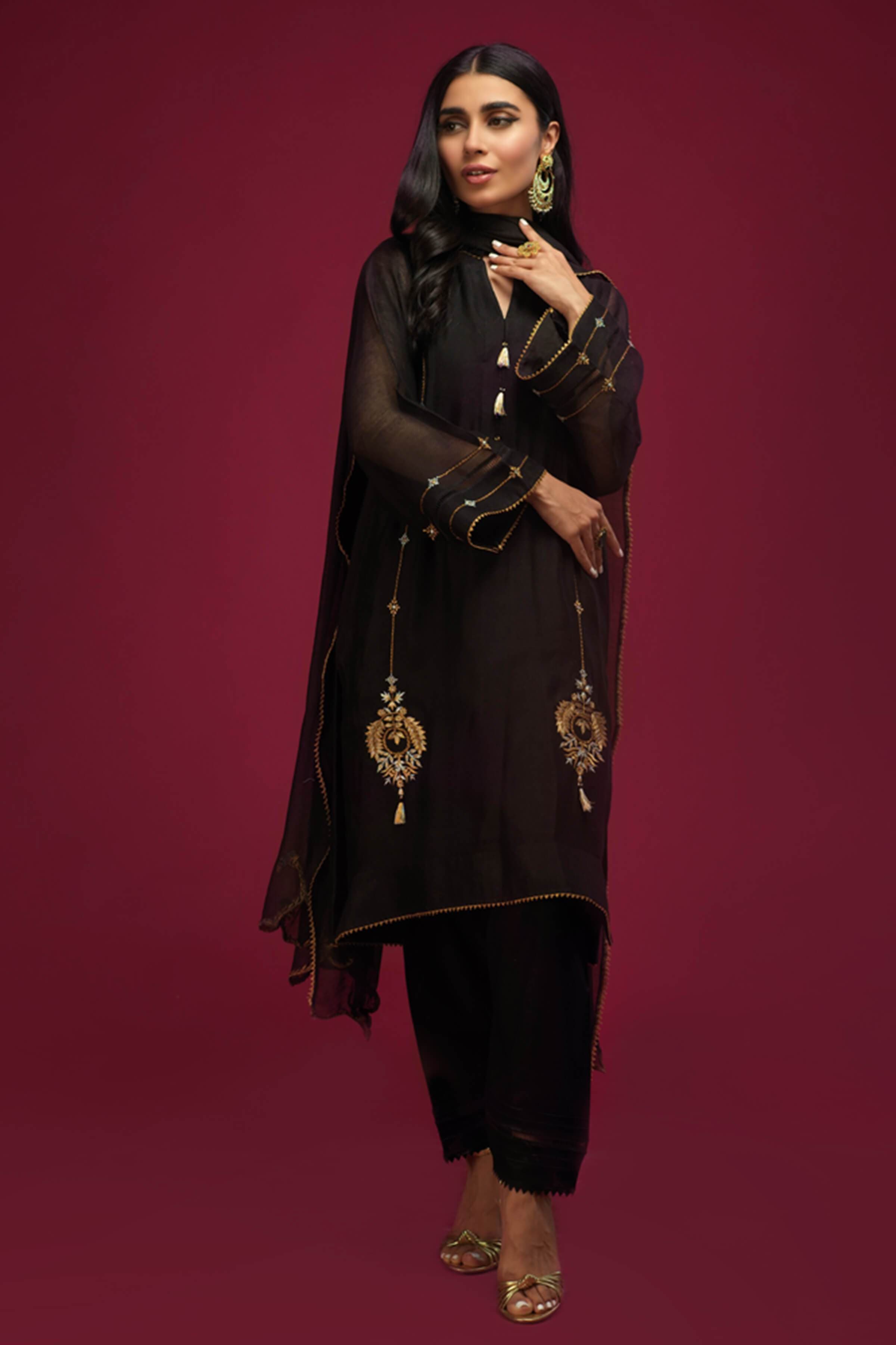 Black Embroidered Khaadi Net Salwar Kameez (3-Piece) - Image 2