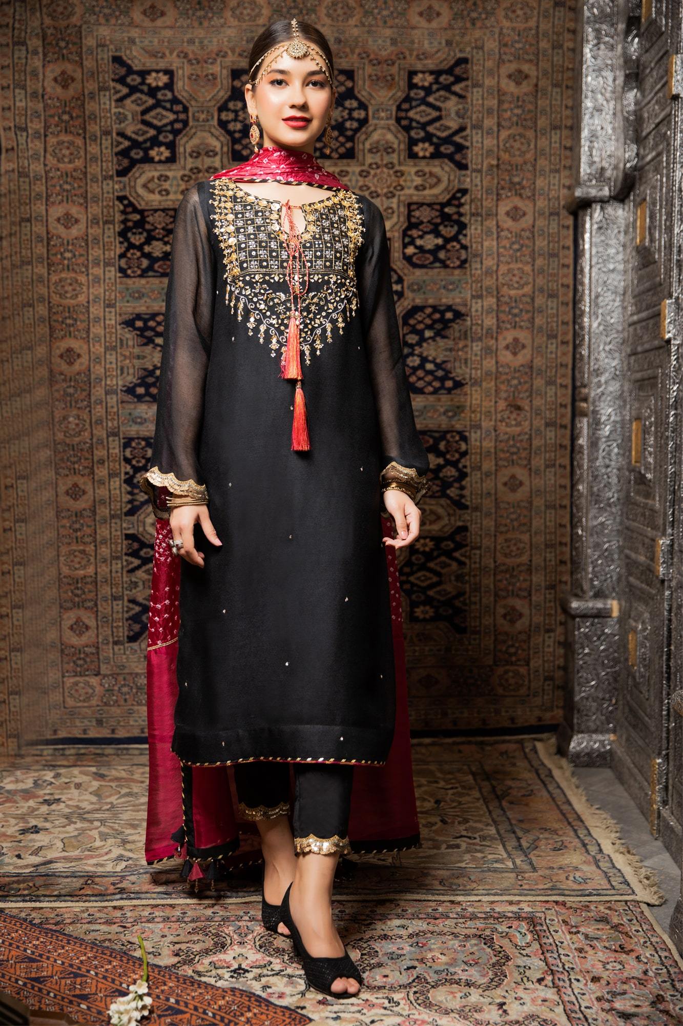 Black Embroidered Khaadi Net Kurta (3-Piece) - Image 2