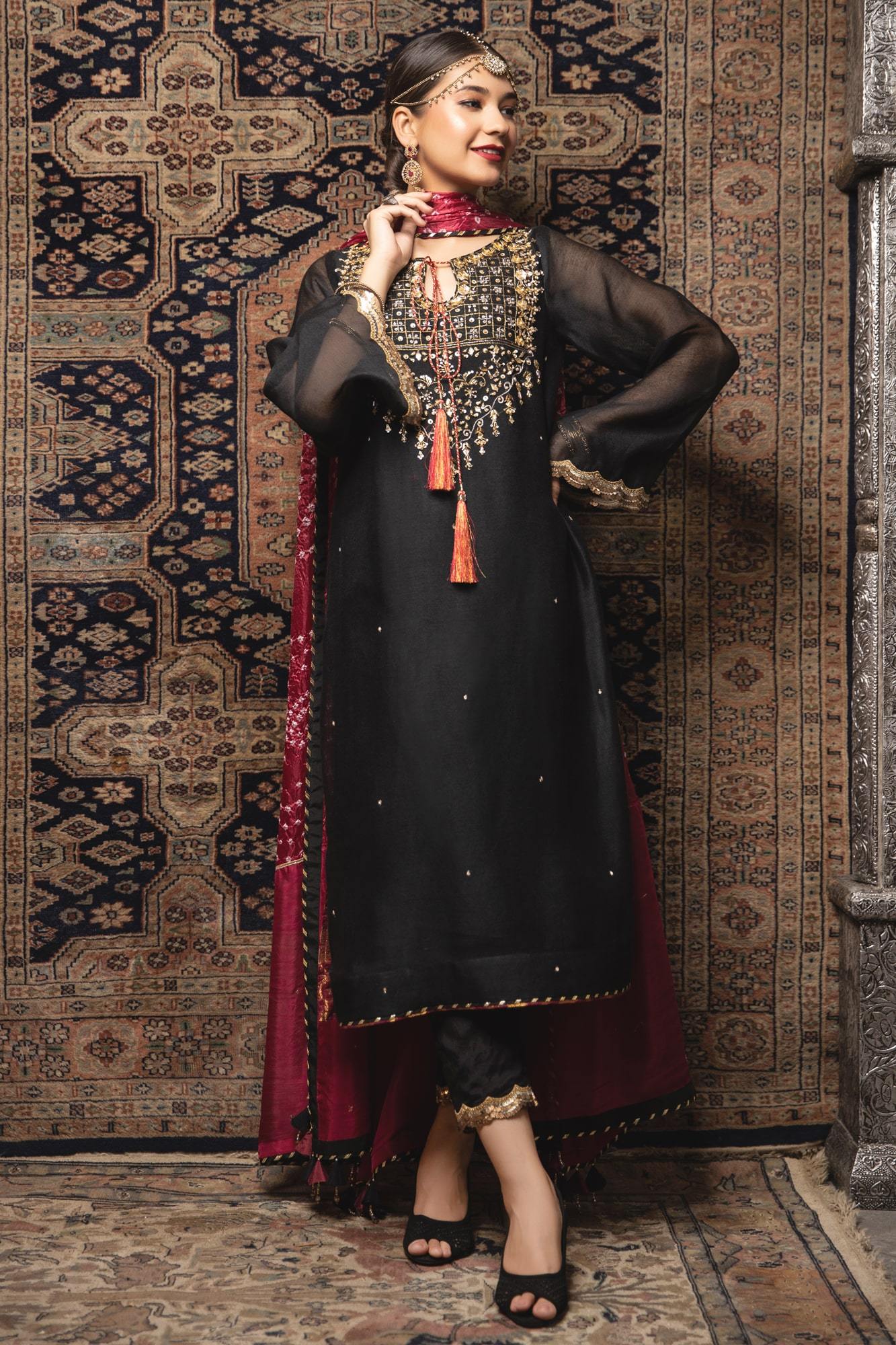 Black Embroidered Khaadi Net Kurta (3-Piece) - Image 4