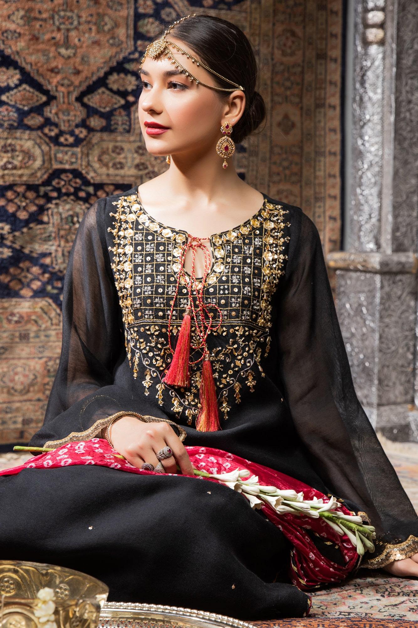 Pakistani Black Embroidered Khaadi Net Kurta (3-Piece) - Image 3