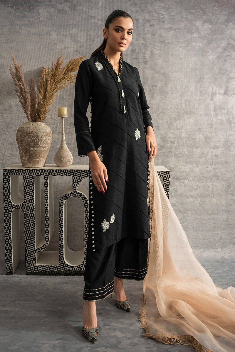 Black Pearl Sequin Khaddar Salwar Kameez (3-Piece) - Image 1