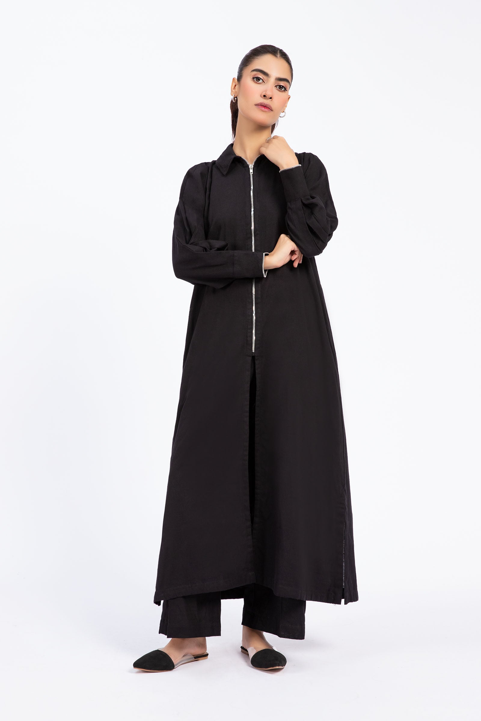 Pakistani Black Khaddar Long Shirt & Trouser (2-Piece) - Image 1