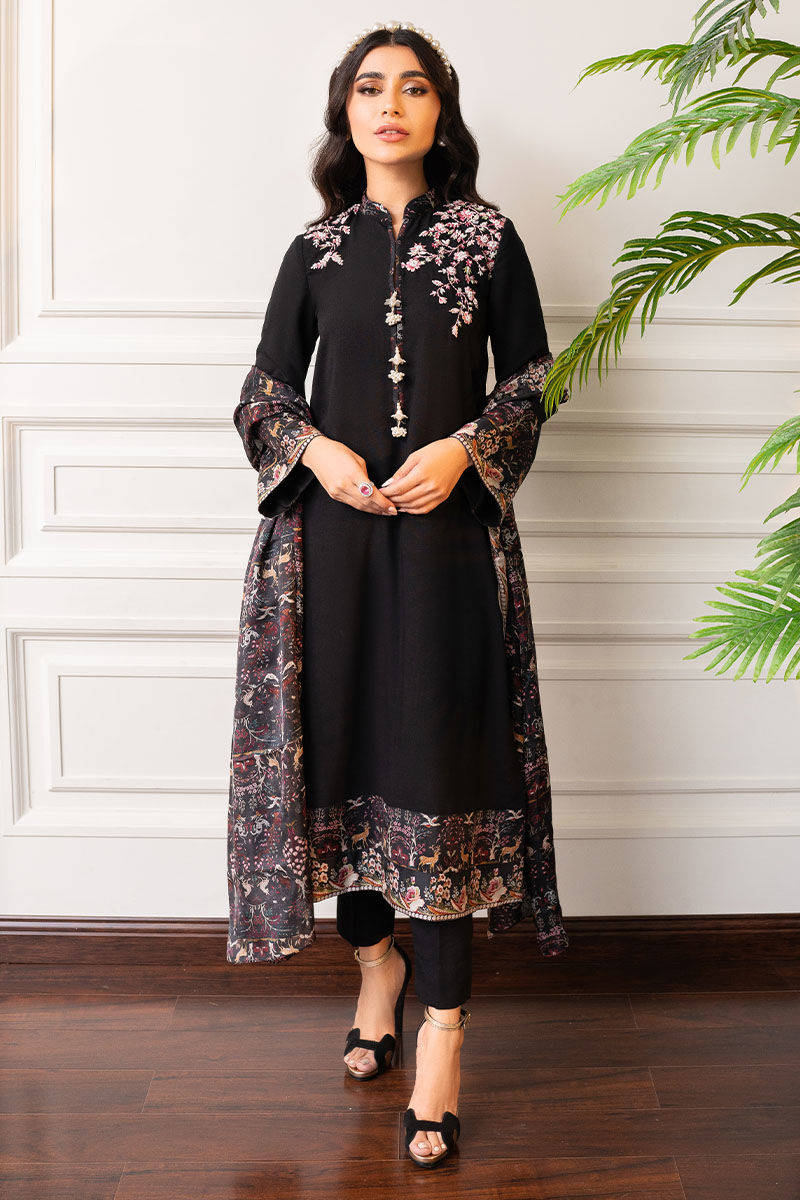 Pakistani Black Embroidered Khaddar Salwar Kameez (2-Piece) - Image 1