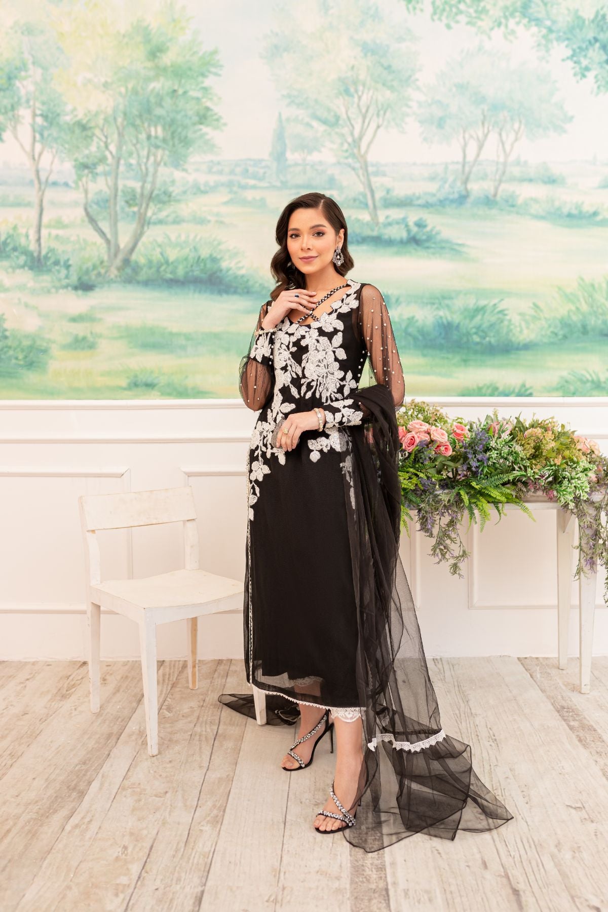 Pakistani Black Embroidered Khaddi Net Salwar Kameez (3-Piece) - Image 1