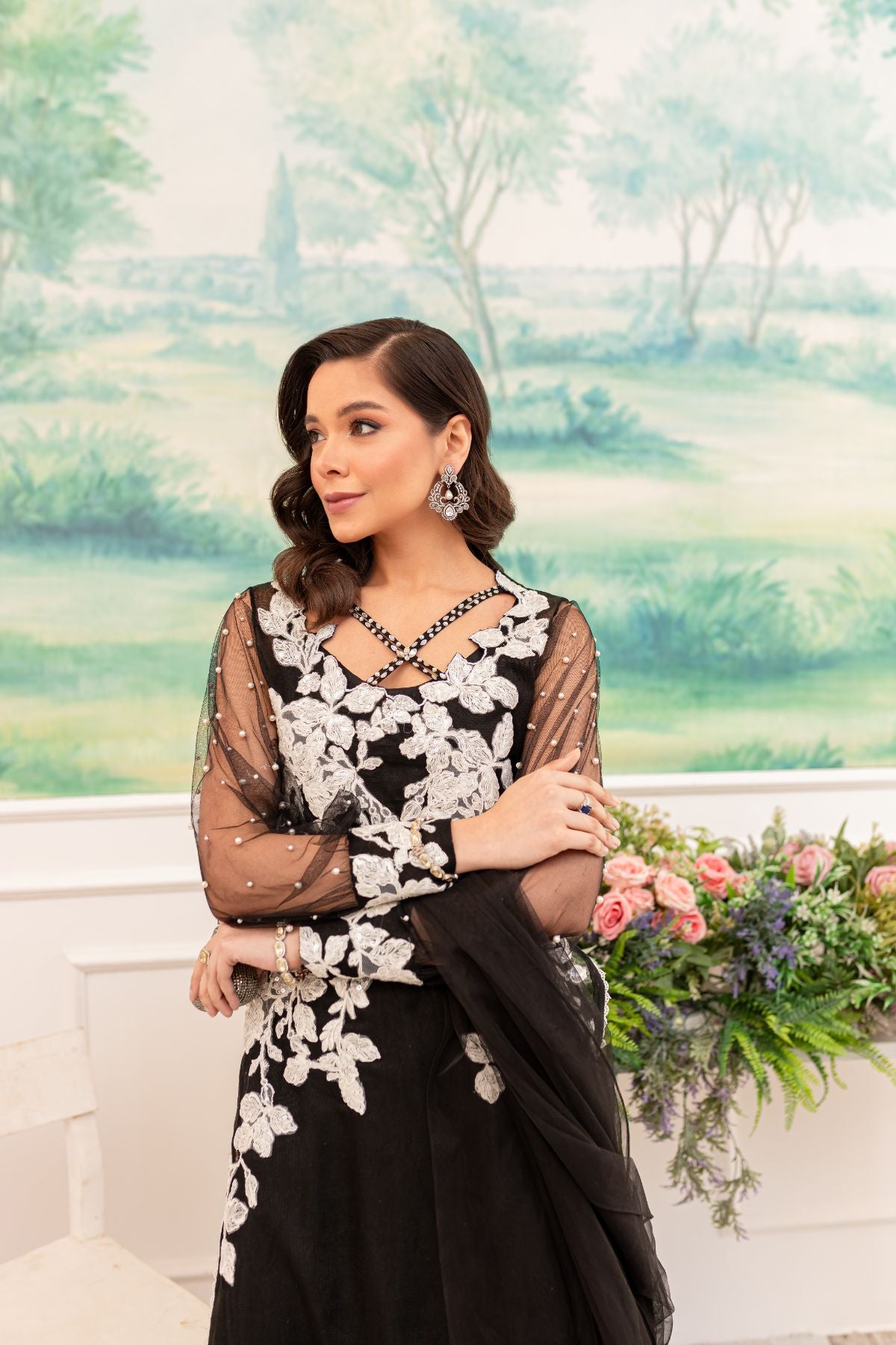 Pakistani Black Embroidered Khaddi Net Salwar Kameez (3-Piece) - Image 2