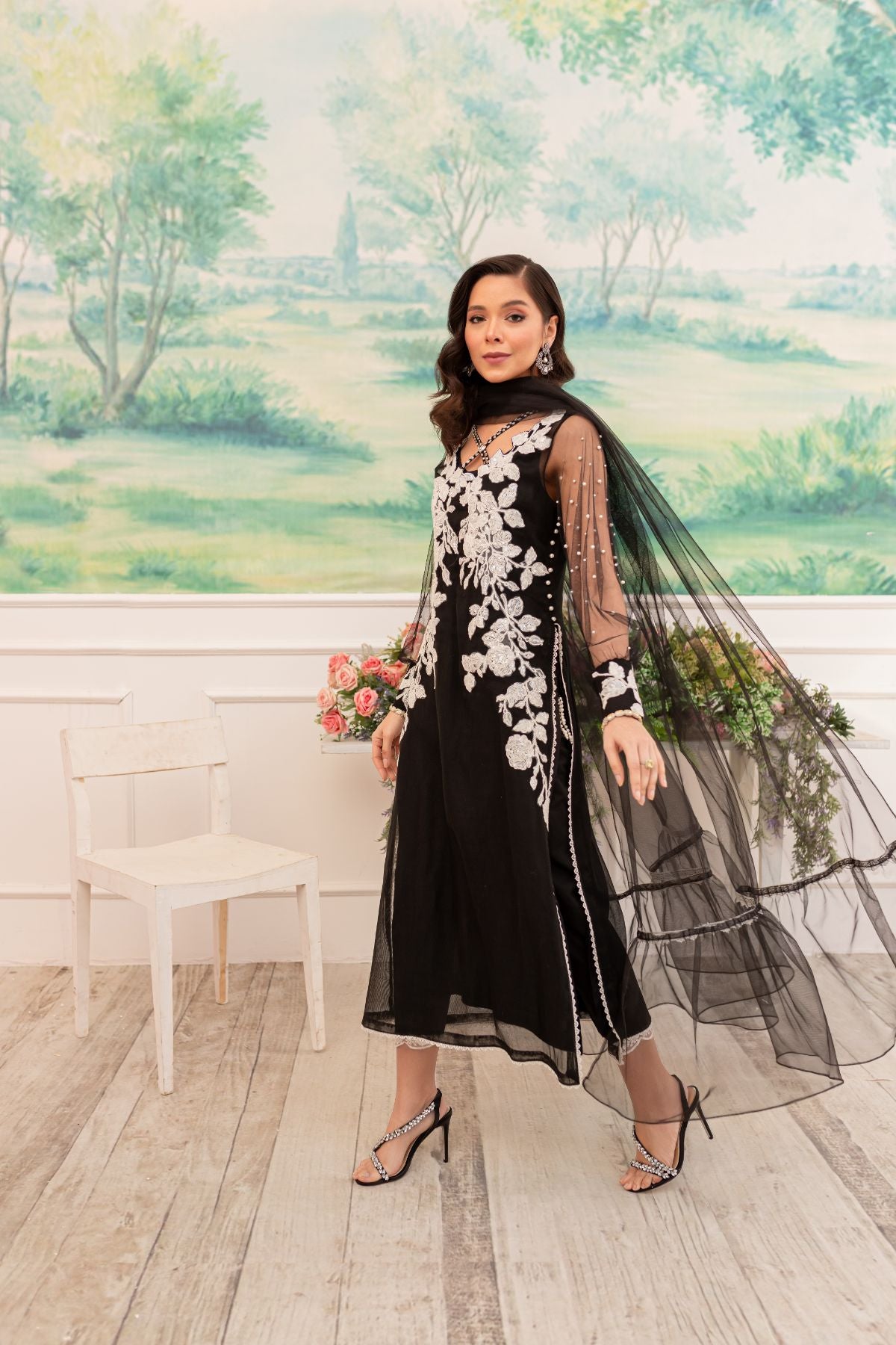 Pakistani Black Embroidered Khaddi Net Salwar Kameez (3-Piece) - Image 3