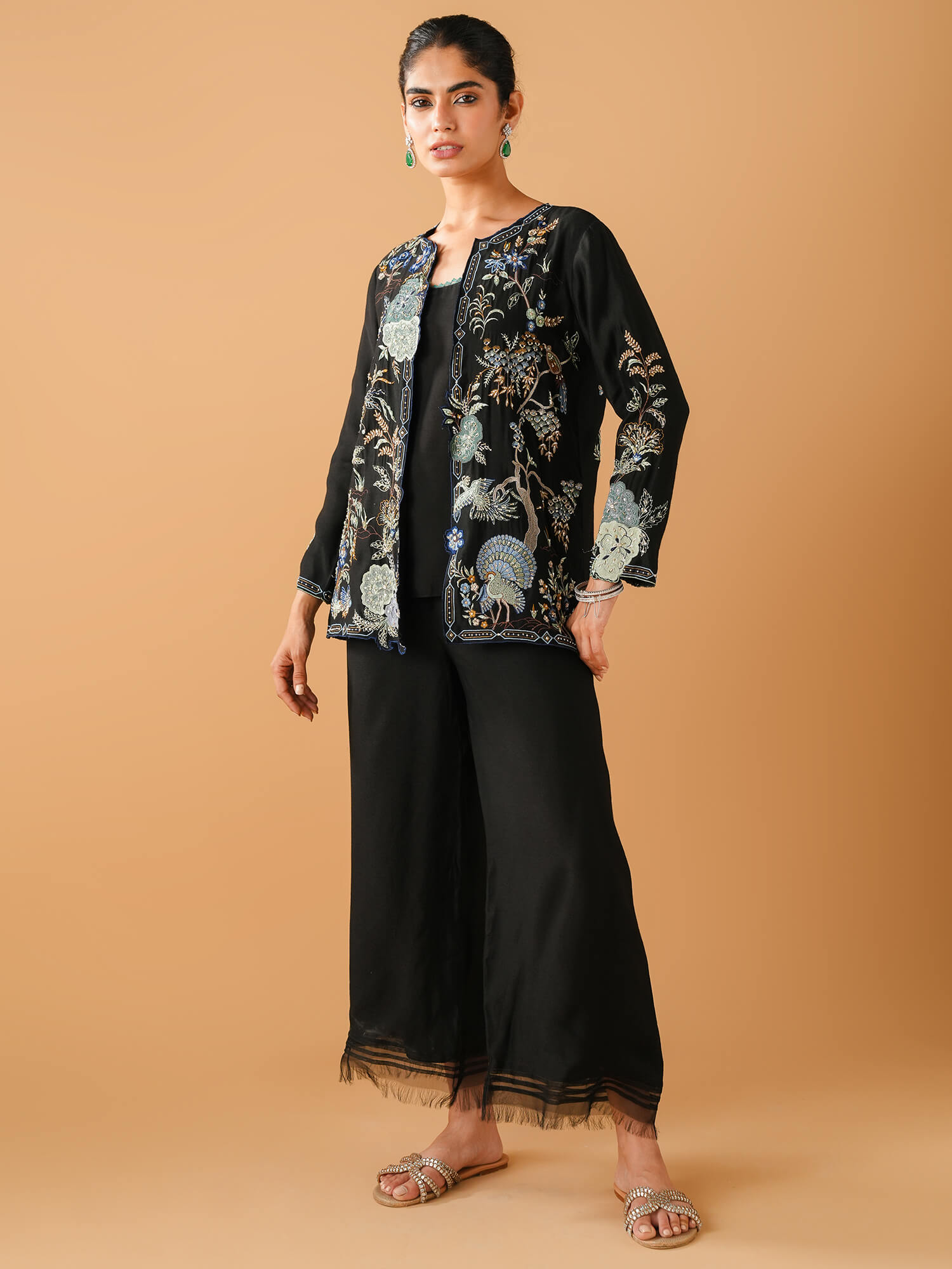 Pakistani Black Chinoiserie Embroidered Khaddi Silk Coat (2-Piece) - Image 1
