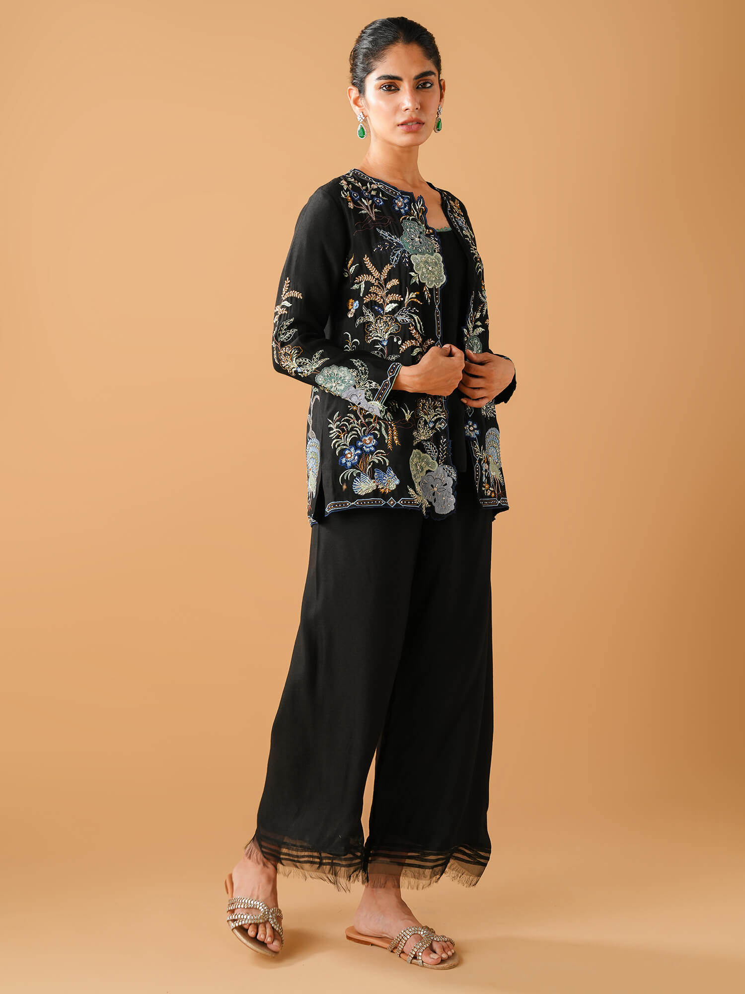 Pakistani Black Chinoiserie Embroidered Khaddi Silk Coat (2-Piece) - Image 3