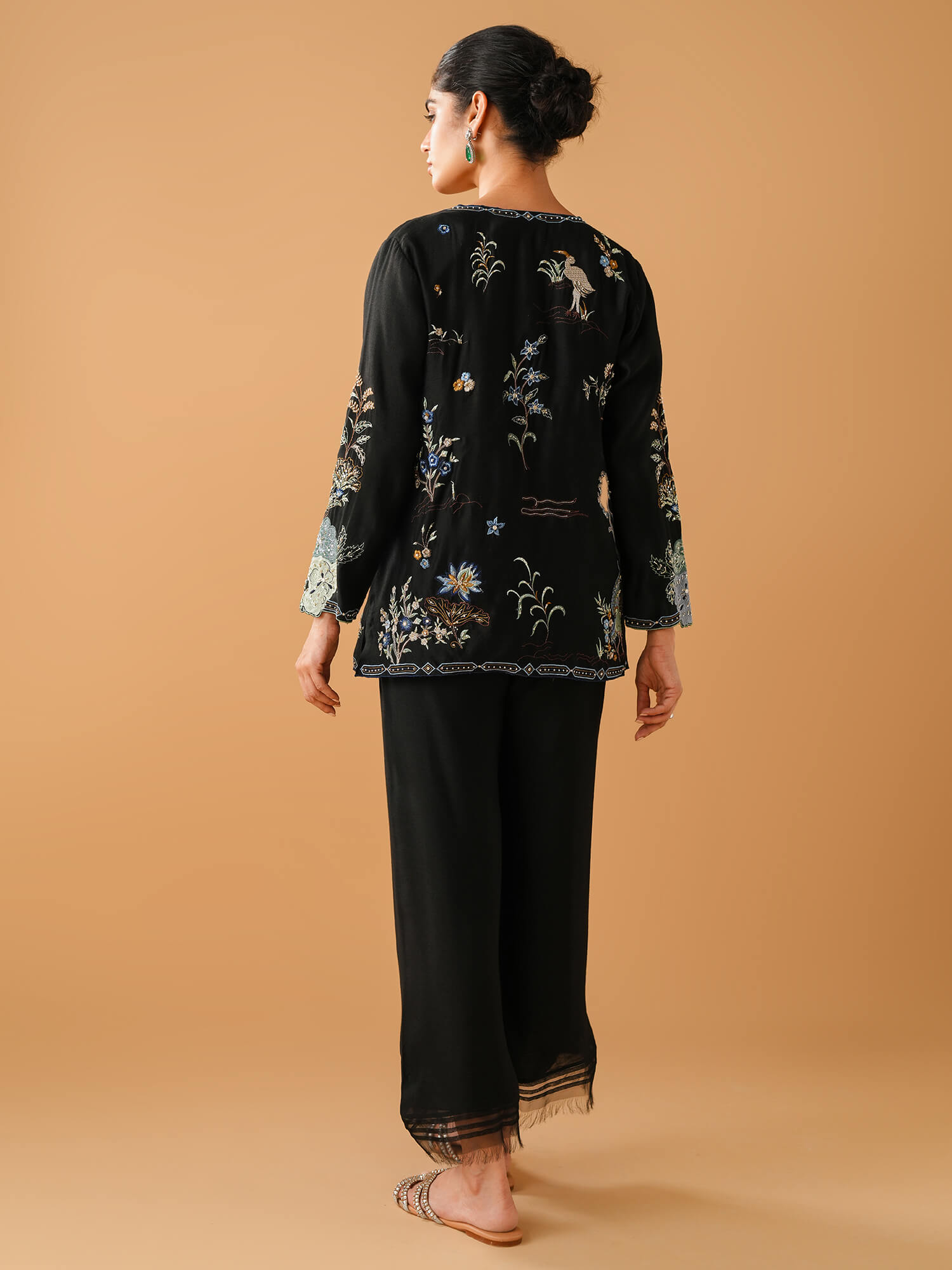Pakistani Black Chinoiserie Embroidered Khaddi Silk Coat (2-Piece) - Image 4