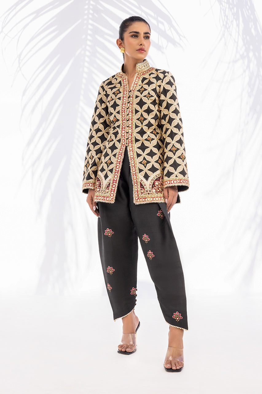 Pakistani Charcoal Gota Embroidered Khaddi Silk Jacket & Shalwar (2-Piece) - Image 1