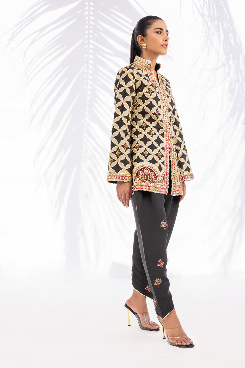 Pakistani Charcoal Gota Embroidered Khaddi Silk Jacket & Shalwar (2-Piece) - Image 2