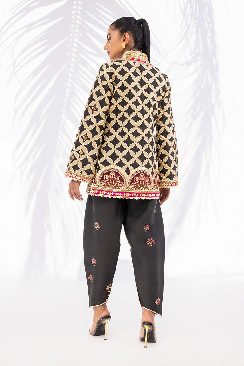 Pakistani Charcoal Gota Embroidered Khaddi Silk Jacket & Shalwar (2-Piece) - Image 3