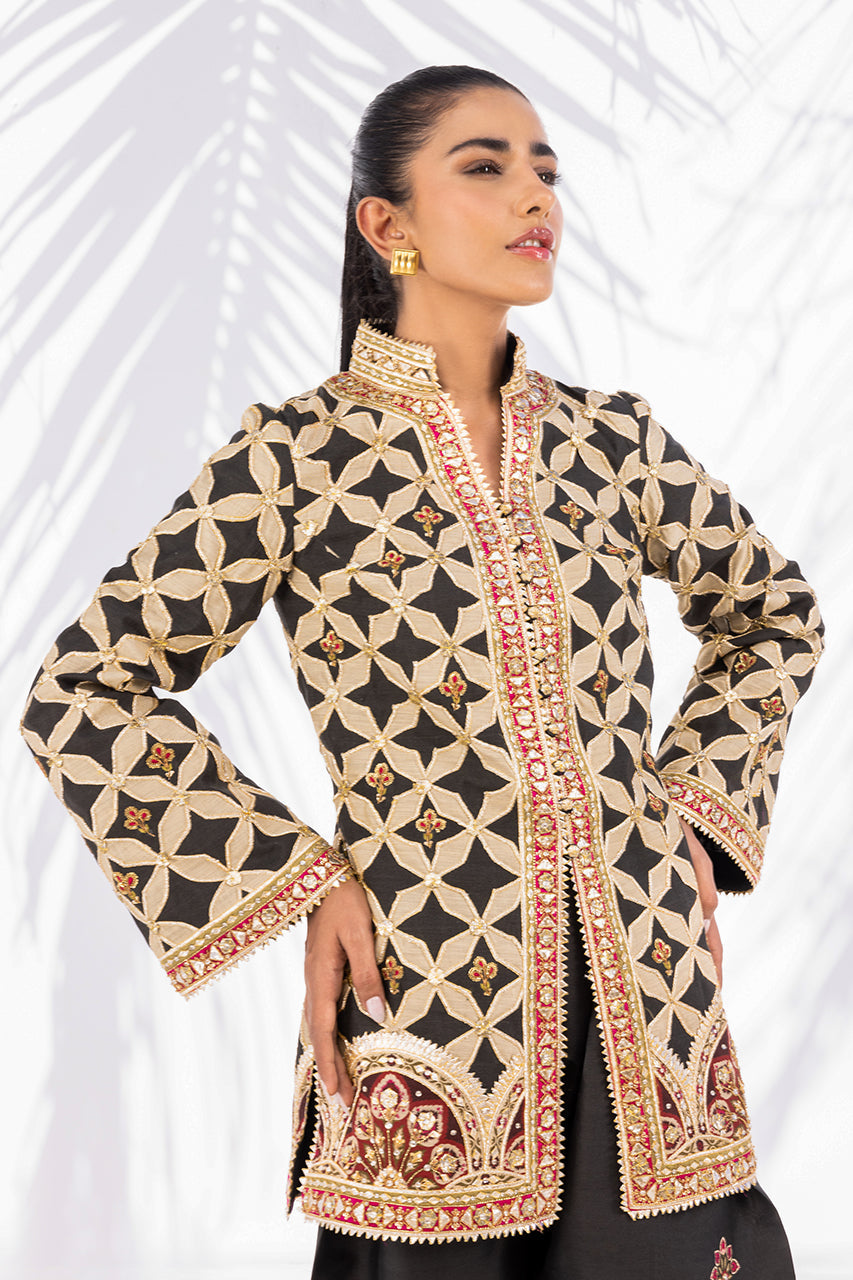 Pakistani Charcoal Gota Embroidered Khaddi Silk Jacket & Shalwar (2-Piece) - Image 4