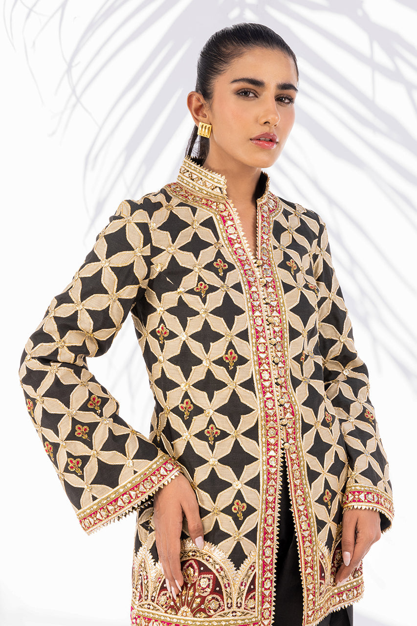 Pakistani Charcoal Gota Embroidered Khaddi Silk Jacket & Shalwar (2-Piece) - Image 5