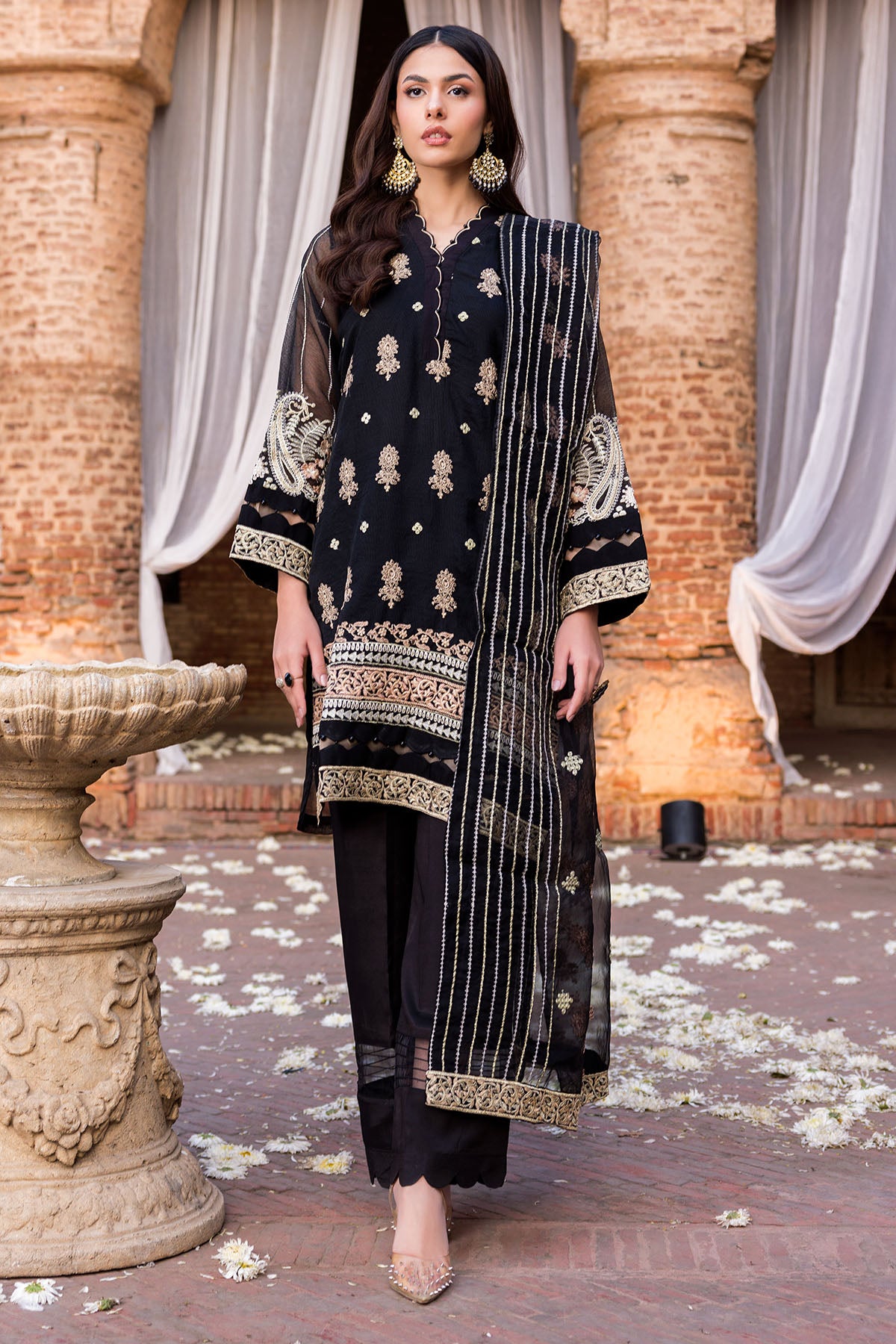 Pakistani Black Embroidered Khadi Net Salwar Kameez (3-Piece) - Image 1