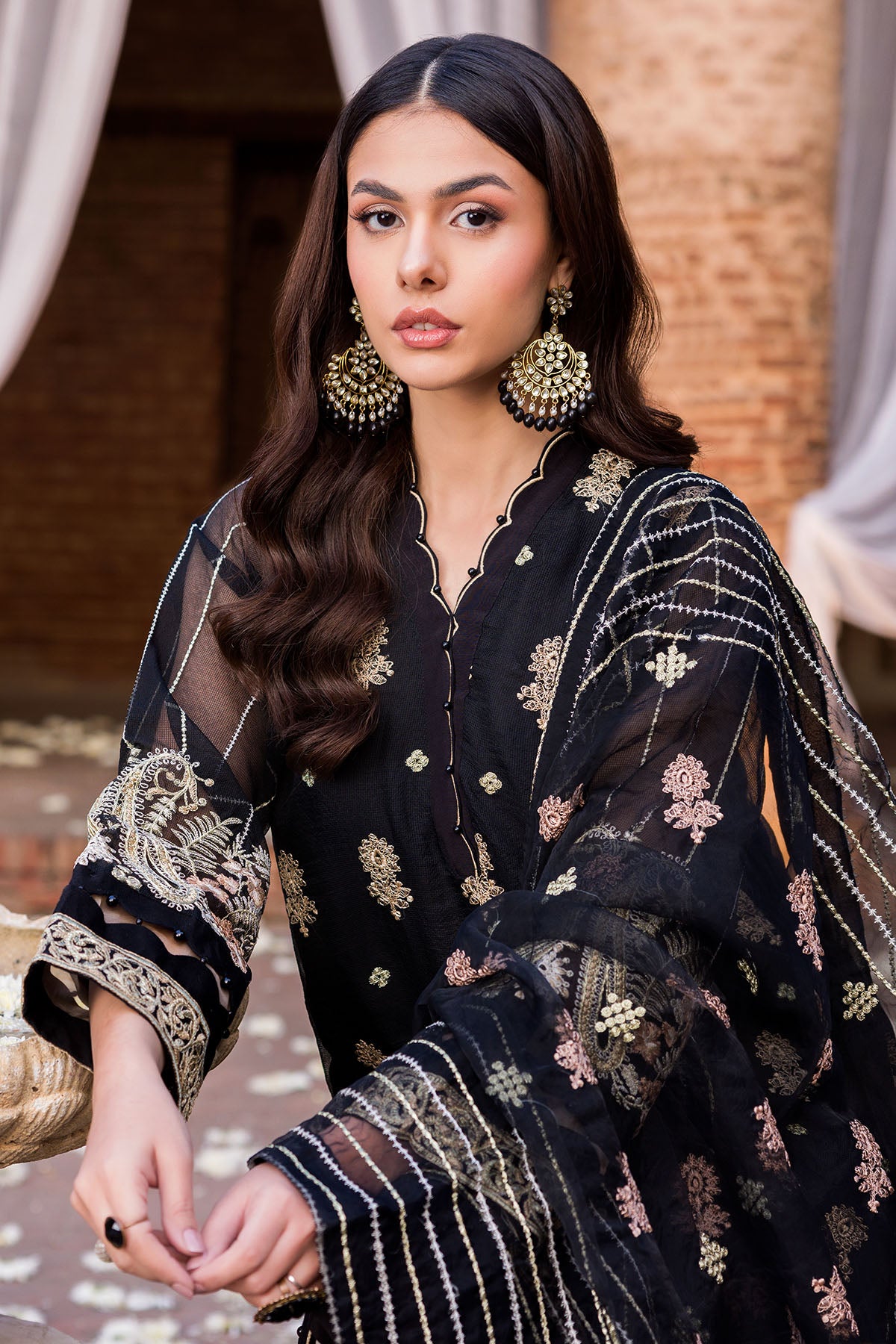 Pakistani Black Embroidered Khadi Net Salwar Kameez (3-Piece) - Image 3