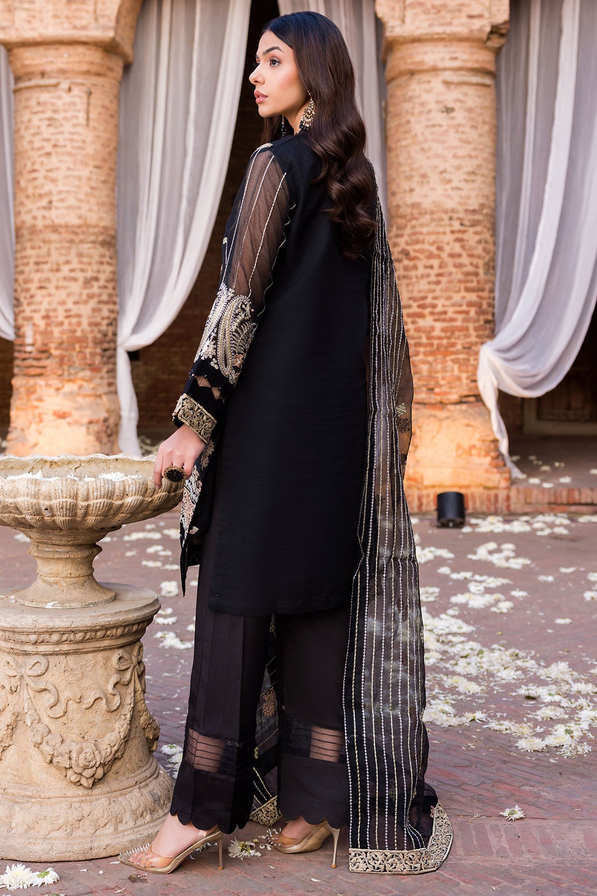 Pakistani Black Embroidered Khadi Net Salwar Kameez (3-Piece) - Image 5