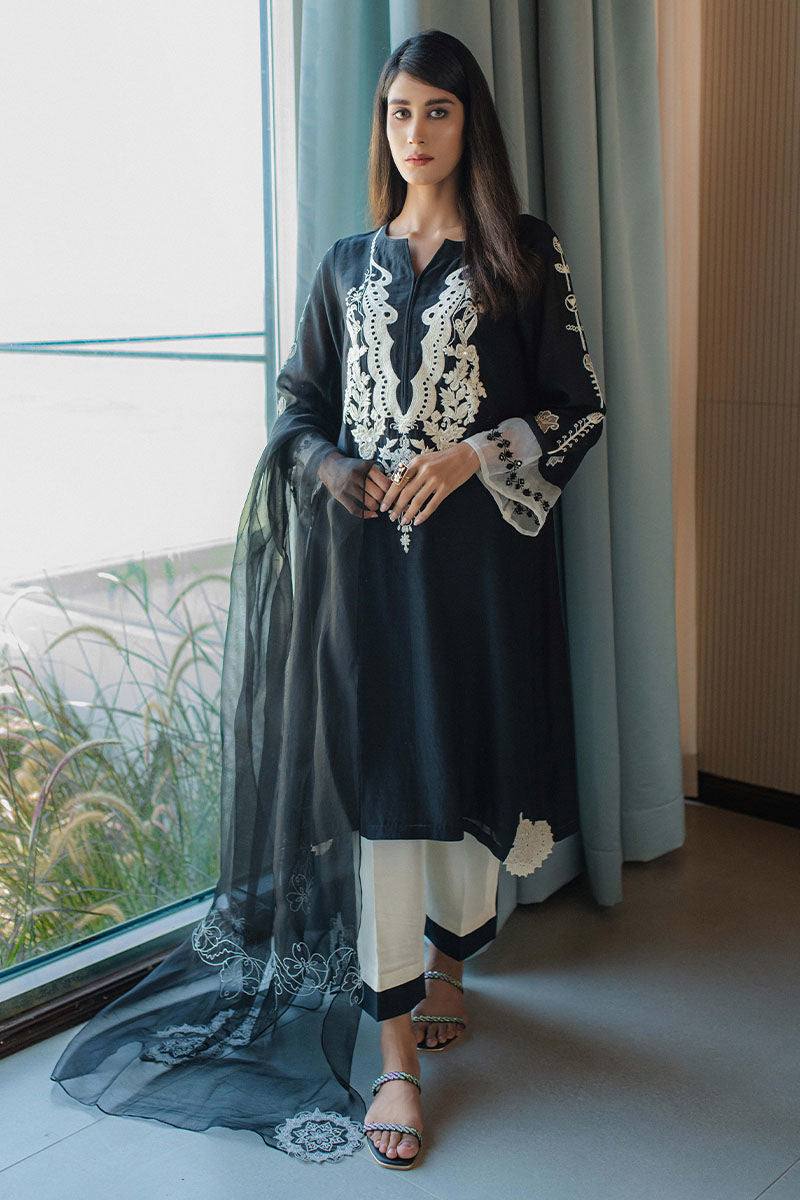 Pakistani Black Ivory Embroidered Kora Cotton Salwar Kameez (3-Piece) - Image 1