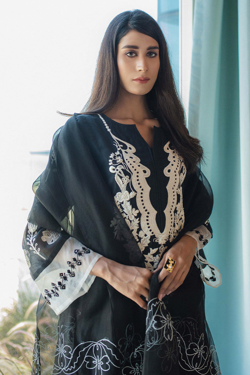 Pakistani Black Ivory Embroidered Kora Cotton Salwar Kameez (3-Piece) - Image 2